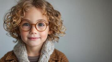 A cheerful child with curly hair and glasses looks happily at the camera while indoors photo