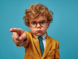 A boy in a stylish suit points confidently with a serious expression photo
