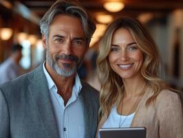 A couple shares smiles while attending a networking event in a stylish venue photo