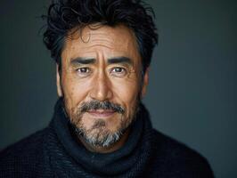 A warm smile from a man with curly hair and a beard, highlighting his expressive features photo