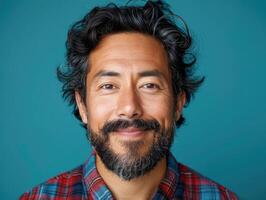 A man with a beard smiles warmly at the camera in front of a blue backdrop photo