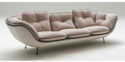 A stylish modern sofa featuring plush cushions displayed in a minimalist studio setting photo