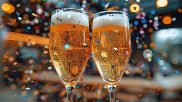 Two glasses of sparkling beverages clink together surrounded by colorful confetti in a lively setting photo
