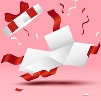 open white box, with red ribbon. decorated with confetti vector