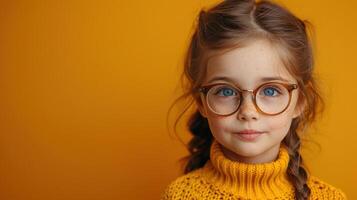Child with glasses smiles gently in a vibrant yellow setting photo