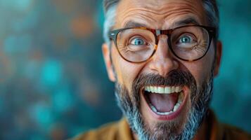 A middle-aged man expresses joy with a wide smile and bright eyes photo