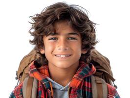 A cheerful boy wearing a backpack and a cozy jacket smiles brightly at the camera photo