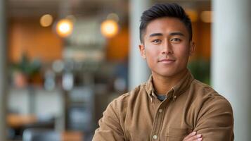 A young man with a confident expression stands in a bustling cafe setting photo