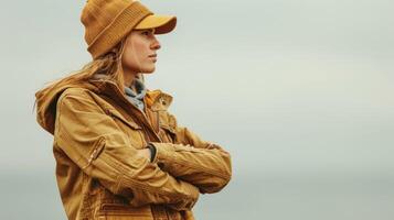 A person stands in contemplation against a cloudy sky, dressed in warm outdoor attire photo