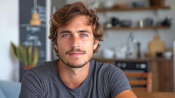 A young man with wavy hair sits at a kitchen table, exuding calm and confidence photo