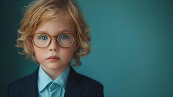 A young boy in a suit and glasses gives a serious expression in a blue setting photo