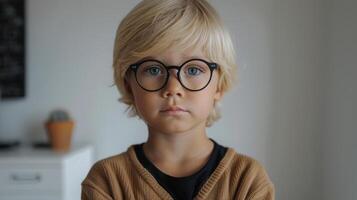 A thoughtful young boy stands with glasses in a well-lit, cozy indoor space photo