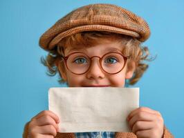 A cheerful boy proudly displays a blank note, showcasing excitement and curiosity photo