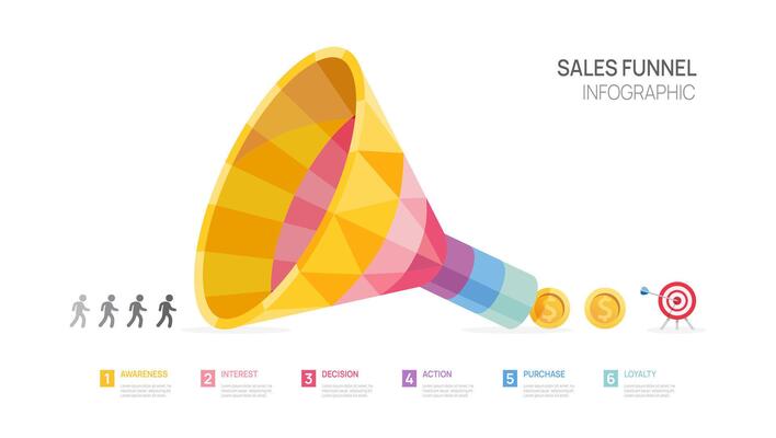 sale funnel geometric 6 level steps to goal. infographic template for business, presentation infographics.