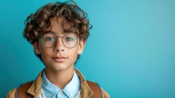 A boy with curly hair and glasses poses confidently in front of a blue background photo