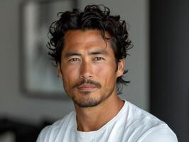 A man with curly hair poses confidently in a contemporary setting illuminated by soft afternoon light photo
