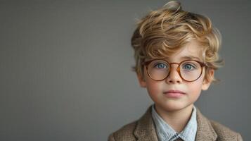 A boy showcases his curly hair and glasses while gazing thoughtfully at the camera photo