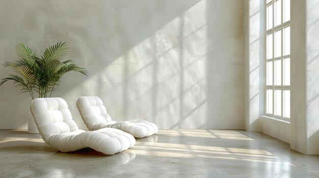 dos suave salón sillas son bañado en luz de sol siguiente a un grande ventana en un sereno interior espacio foto