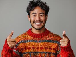 A man in a colorful sweater joyfully gives a thumbs up while smiling broadly photo