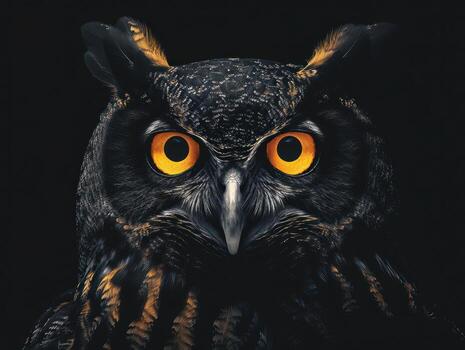un búho con vibrante naranja ojos miradas directamente adelante, exhibiendo sus majestuoso caracteristicas foto