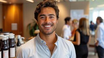 A young man smiles warmly while engaging with colleagues at a networking event photo