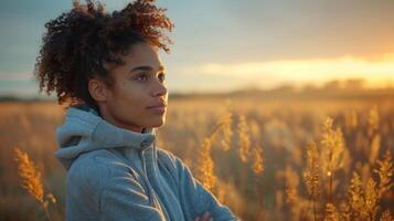A woman stands peacefully, gazing at the beautiful sunset over a grassy field photo