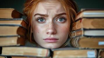 A young woman with freckles contemplates her surroundings amid tall stacks of books photo