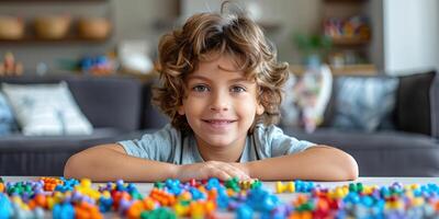 A cheerful boy enjoys building with colorful blocks on a table at home photo