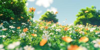 A vibrant meadow filled with flowers swaying gently in the spring breeze photo