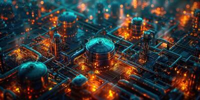 A vibrant industrial landscape glows at night with illuminated pipelines and storage tanks photo