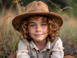 A young boy relaxes in a field, smiling with bright eyes and a charming hat photo