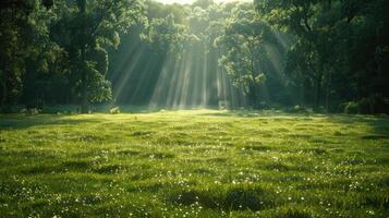 Sunlight streams through trees, creating a serene atmosphere in the green meadow photo