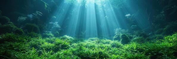 Sunlight breaks through trees, illuminating vibrant ferns in a peaceful forest setting photo