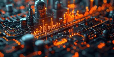 A vibrant display of illuminated circuit pathways with glowing data lines photo
