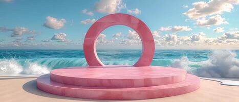 Pink platform with a large circular opening, set on a sandy beach with crashing ocean waves and blue sky photo