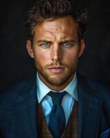 A man with blue eyes and a dark beard wears a navy suit with a patterned vest and tie photo