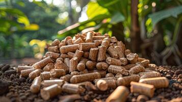 A pile of brown wood pellets sits on the ground in front of green plants photo