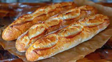 Three crusty baguettes, baked to perfection, sit on a sheet of parchment paper photo