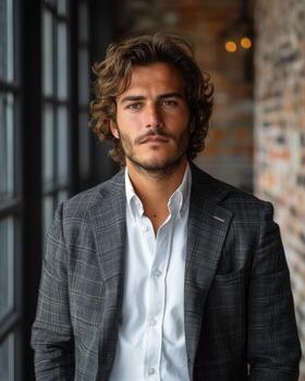 joven hombre en blanco camisa y gris tartán chaqueta de sport miradas a cámara por ventana foto