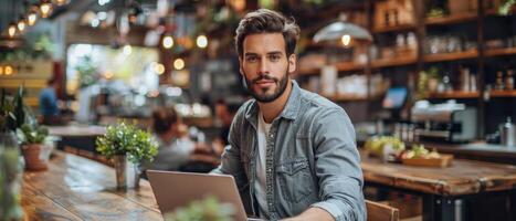 A man uses his laptop while seated at a table in a crowded cafe photo