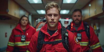 A young man in a red firefighter uniform stands in a hallway with his team photo