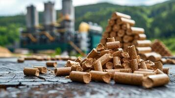A pile of wood pellets in front of a factory in a rural setting photo