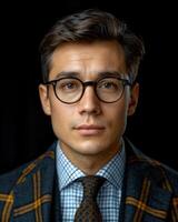 A young man in a plaid suit and glasses looks directly at the camera photo