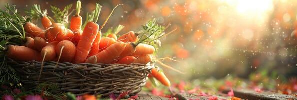 A basket overflowing with fresh carrots sits on a wooden table with sunlight streaming through the background photo