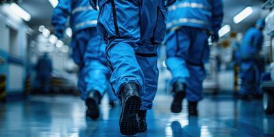 Three workers in blue jumpsuits walk through a corridor photo