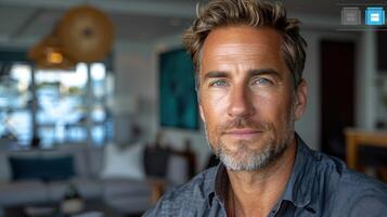 A middle-aged man with a salt-and-pepper beard and blue eyes stares directly at the camera photo