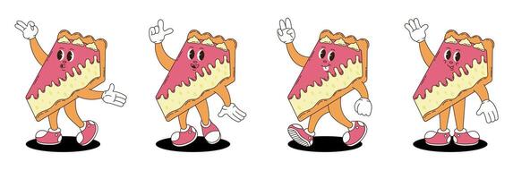 Retro groovy cheesecake characters set. vector