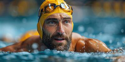 A man with a beard wearing a yellow swim cap and goggles swims in a pool photo