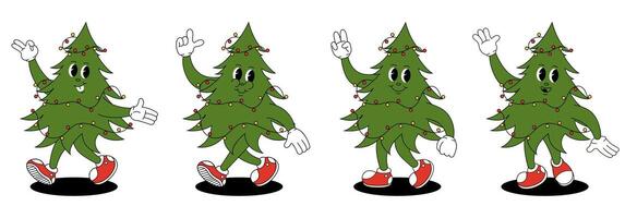 Groovy retro Christmas tree characters. Christmas tree in trendy groovy hippie style. vector
