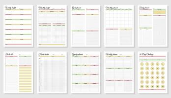 Planners set. Daily, weekly, monthly, yearly, habit tracker, to do list, goal, monthly budjet, weekly budjet and challenge. Blank white notebook page A4. vector